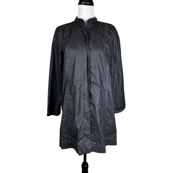 Eileen Fisher Black Waxed Zip Up Lightweight Classic Midi Outdoor Rain Jacket - Picture 1 of 12